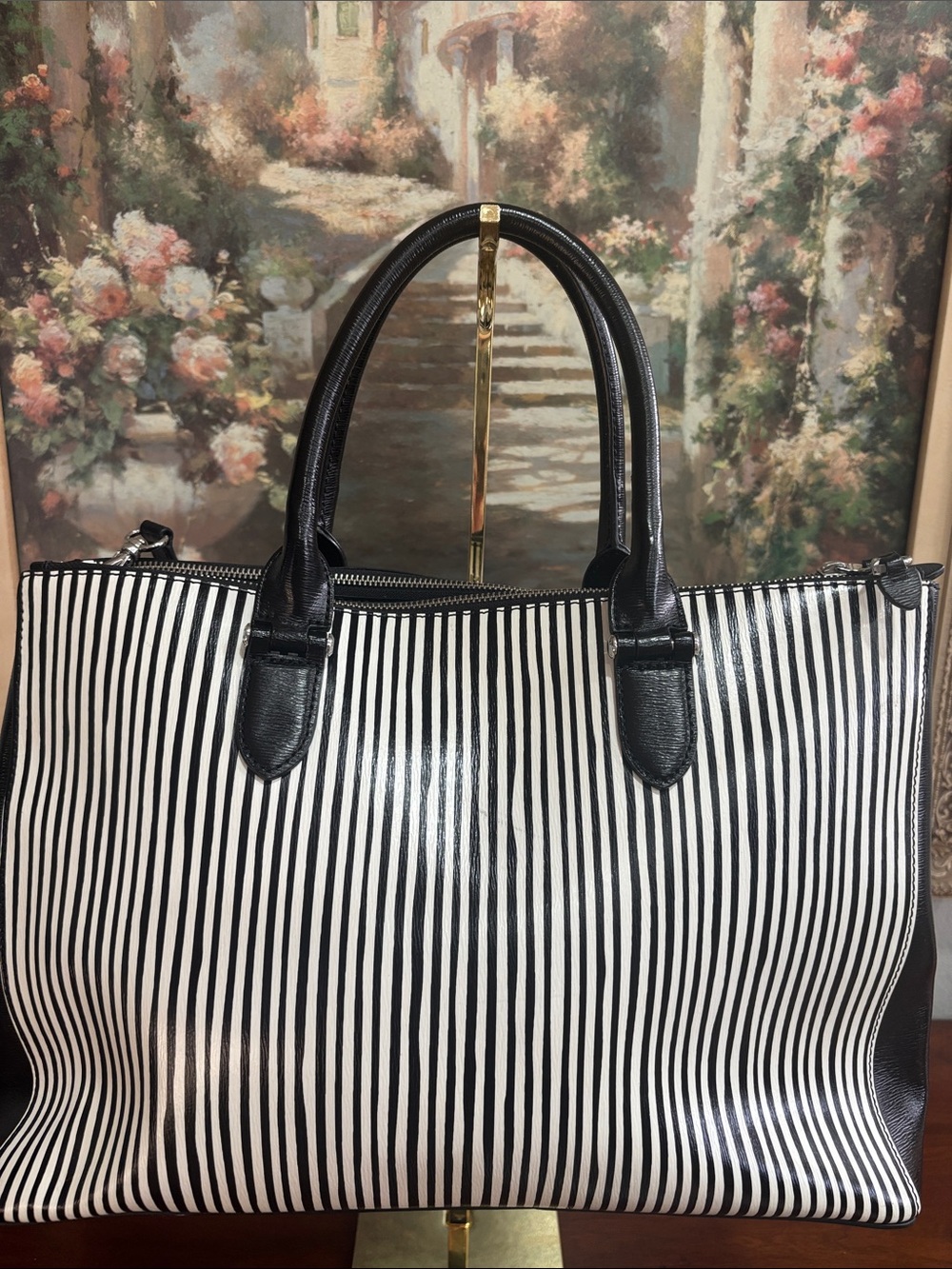 New Ralph Lauren Black & White Striped Tote with Leather Trim - Picture 2 of 5